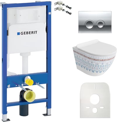 Inbouwreservoir Complete Toiletset Geberit Duofix Basic - Inbouw WC Hangtoilet Wandcloset SOFI SLIM FOLKLOR Wit Hoogglans - Bedieningsplaat DELTA Chroom Rund - Voorwandelement - Installatiesysteem