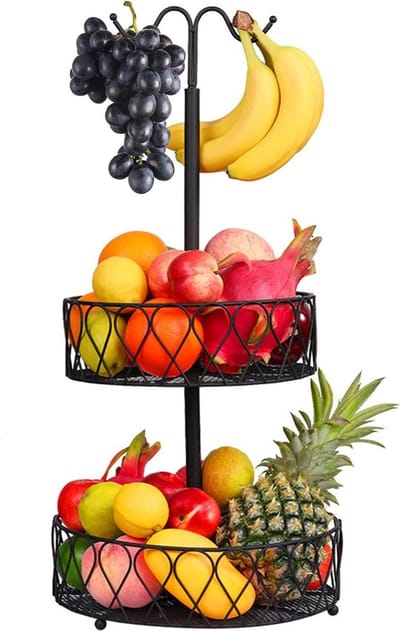 Etagère fruitmand 2 verdiepingen voor bananen en extra opbergmogelijkheden - opslag groenten en fruit - fruitschaal fruitschaal fruitschaal fruitschaal (zwart) Fruitschaal