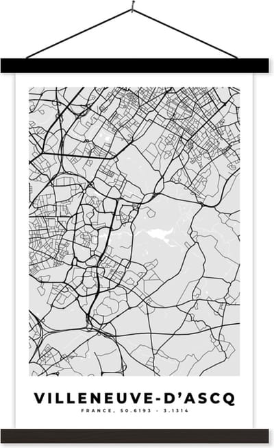 Posterhanger incl. Poster 40x60 cm - Schoolplaat - Plattegrond - Kaart - Stadskaart - Frankrijk - Villeneuve-d'Ascq - Textielposter - Zwarte latten - Stadskaart