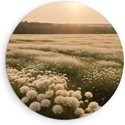 Saammp Muurcirkel Hout - Landschap - Wit - Bloemenveld - Natuur - Ø 90 - Wandcirkel - Wanddecoratie Cirkel - Muurdecoratie Woonkamer - Slaapkamer decoratie - Rond Schilderij