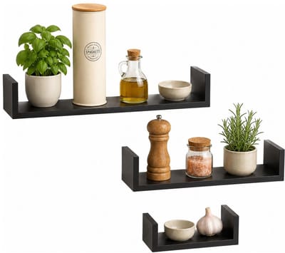 5five Zwevende wandplanken Fixy - set in 3x maten lengte 22/32/42 cm - zwart - hout - boekenplanken - muurplanken - opbergplanken - hangplanken
