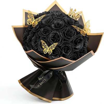 SnelShoppen - 24 Stuks Glitter Rozen Boeket Kunstbloemen met Krans - Weerbestendige Realistische Zwarte Rozen voor Valentijnsdag, Moederdag en Bruilof