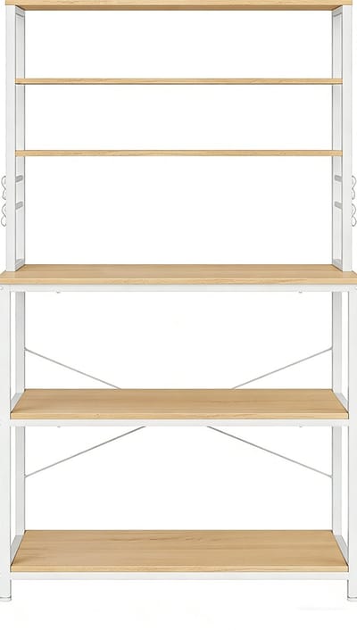Opbergrek 40 x 80 x 167 cm Wit+naturel keukenkast multifunctioneel opbergrek met 3 kleine werkbladen 3 grote werkbladen en 6 haken stevig metalen frame eenvoudige en stijlvolle stijlvolleIndustriële look geschikt voor keuken woonkamer of slaapkamer