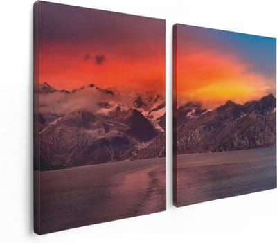 Artaza Canvas Schilderij Tweeluik Meer Bij De Bergen Bij Zonsondergang - 120x80 - Foto Op Canvas - Canvas Print