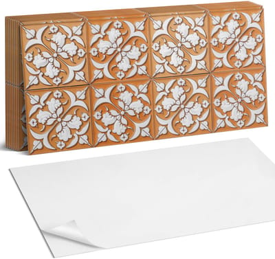 Coloray Plaktegels - Patroon met bloemmotieven Zelfklevende Wandtegels - 40 cm x 20 cm - Oranje Plaktegels - 10 stuks - Rechthoek PVC Tegels - Plaktegels Badkamer - Vloertegels Zelfklevend - Vinyl Tegels - Portugese Tegels