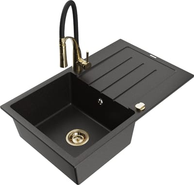 Mexen Bruno granieten gootsteen met 1 bak en afdruiprek en Astere keukenkraan, zwart/goud metallic - 6513-75-73450-57-G