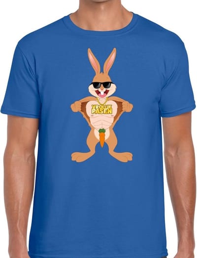 Paas thema t-shirt - Pasen - stoere paashaas - shirt voor heren - blauw - Pasen funny homor kleding S