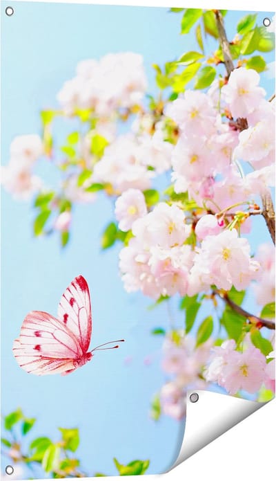 Gards Tuinposter Twee Roze Vlinders bij Roze Bloesem Bloemen - 60x90 cm - Tuindoek - Tuindecoratie - Wanddecoratie buiten - Tuinschilderij
