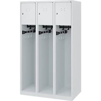 Brandweerkluis C+P Evolo Youngster, 3 vakken, zonder helmhouder, vloerglijders, B 900 x D 500 x H 1530 mm, RAL 7035 lichtgrijs
