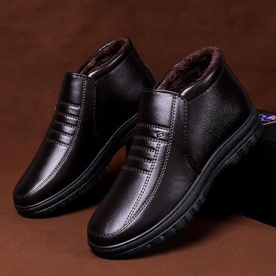 Heren Katoenen Schoenen Winter Warm Leer Katoenen Schoenen Heren Fleece Verdikte Middelbare en Oudere Casual Schoenen Heren Katoenen Schoenen 45 black