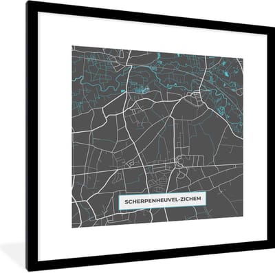 Fotolijst incl. Poster - België – Scherpenheuvel Zichem – Stadskaart – Kaart – Blauw – Plattegrond - 40x40 cm - Posterlijst