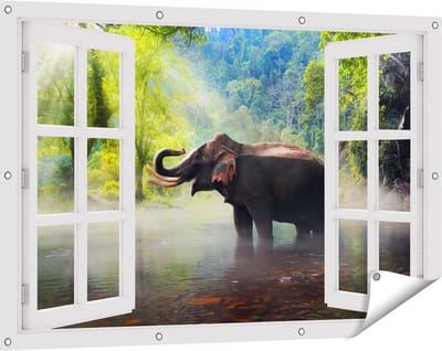 Gards Tuinposter Doorkijk Olifant in het Water - 120x80 cm - Tuindoek - Tuindecoratie - Wanddecoratie buiten - Tuinschilderij