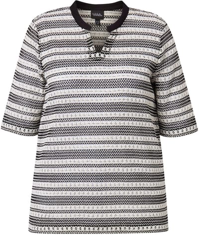 Ulla Popken - Dames - Shirt gebreide strepen ronde hals halve mouwen - Zwart - Maat 62+
