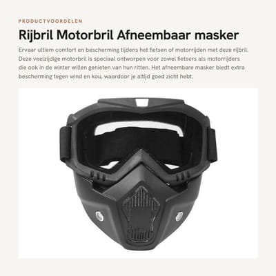 Dailygoods- Rijbril met afneembaar masker - Motorbril - Winddicht - Ademend - Verstelbare gesp - Comfortabel ontwerp