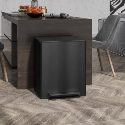Prullenbak Afvalscheiding – 50 Liter Met 2 Vakken En Pedaal – 47,7 x 37,5 x 55 cm – Metaal – Zwart – Met Softclose En Binnenemmers