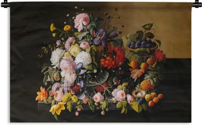 Wandkleed - Wanddoek - Stilleven met bloemen en fruit - Kunstwerk - Oude meesters - 180x120 cm - Wandtapijt