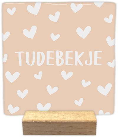 Tudebekje - Keramische decoratie tegel - incl. houten presenteerblok