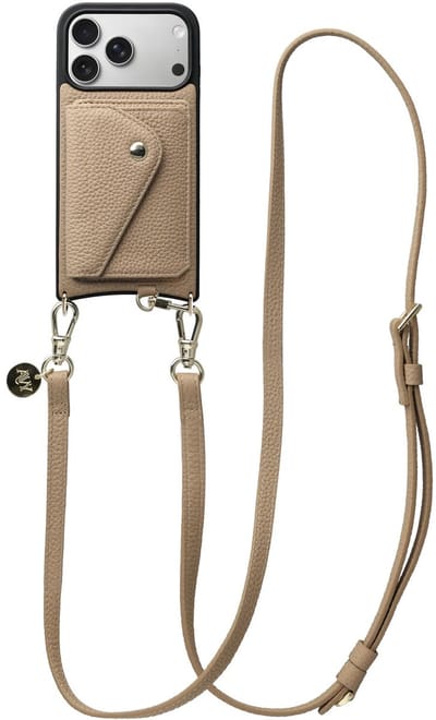AVY Leren Hoesje geschikt voor Apple iPhone 17 Pro | Met Koord en Magnetische Kaarthouder | Compatibel met MagSafe | Leather Case met 130CM Koord & Wallet | Long Leather | Beige