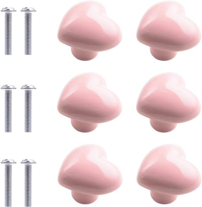 Set van 6 Roze Keramische Knoppen in Hartvorm met Schroeven voor Laden, Kasten en Keukenmeubels