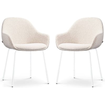 Nolon Nora-Mae Eetkamerstoelen Set van 2 Bouclé Beige - met Armleuning - Stof - Wit Onderstel - Design - Scandinavisch - Comfortabel