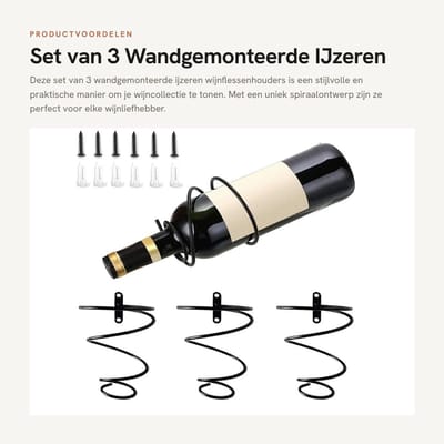 Dailygoods- Wijnflessenhouder Spiraalvormig - Wandgemonteerd - Metaal - Set van 3 - Zwart - Duurzaam en Roestbestendig - Wijnrek