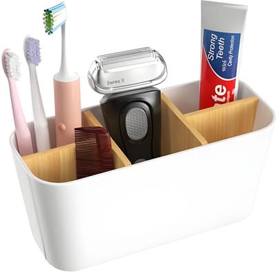Dailygoods- Tandenborstelhouder Hoogwaardig Kunststof - Bamboe Scheidingswanden - 5 Vakken - Multifunctioneel - Badkameraccessoires - Verwijderbaar Ontwerp - Opbergdoos