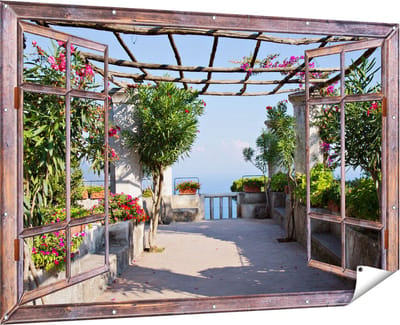 Gards Tuinposter Doorkijk Terras - 180x120 cm - Tuindoek - Tuindecoratie - Wanddecoratie buiten - Tuinschilderij