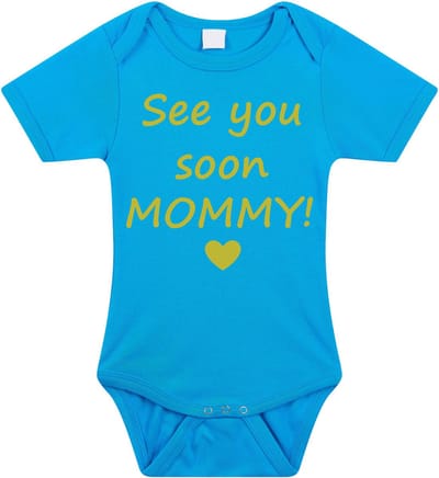 Baby rompertje met leuke tekst | See you soon mommy! |zwangerschap aankondiging | cadeau papa mama opa oma oom tante | kraamcadeau | maat 80 blauw goud