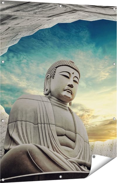 Gards Tuinposter Boeddha Beeld in het Park - 90x120 cm - Tuindoek - Tuindecoratie - Wanddecoratie buiten - Tuinschilderij