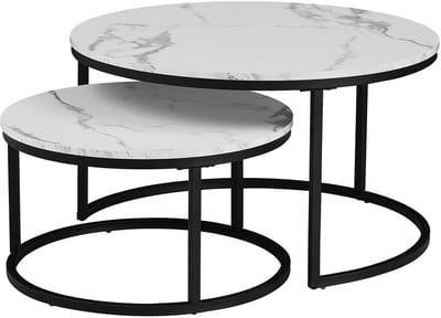 ITRONIQ Salontafel Set Van 2 - Ronde Salontafels - Moderne Bijzettafels - Marmerlook Salontafel - Wit Met Zwarte Metalen Frame