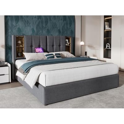 ModernLuxe Gewatteerd opbergbed 160x200 cm - met draadloos opladen en opberghoofd - katoenen stof - Grijs