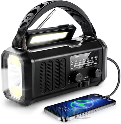 TOVBMUP Handbediende radio - uitgerust met een oplaadbare batterij van 10.000 mAh - draagbaar - radio op zonne-energie - met AM/FM-radio, powerbank, LED-kampeerlamp, SOS-alarm - zwart