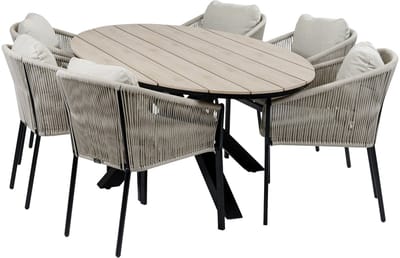 7-delige tuinset | 6 Elvira tuinstoelen (Black) | Tuintafel Cyprus 220x115cm (Wood)