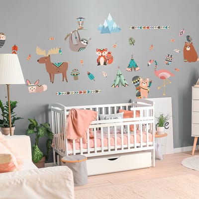 Muurstickers voor kinderen - Gigantische muursticker voor kinderen met Scandinavische bergen, bergdieren en Indiase veren - 60x90cm