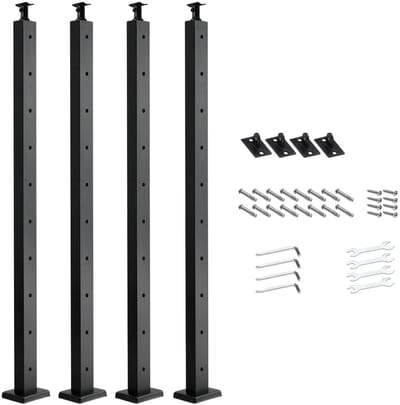 Tralie Palen Set, 4 Stuks 91.4x5.08x5.08 Cm - RVS 304 Materiaal - Horizontale Gaten - Zwarte Uitvoering