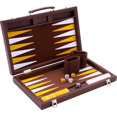 Backgammon 15 inch - Bruin, Geel & Wit Ingelegd Bord - Luxe Bruine Koffer met Handvat - Engelhart