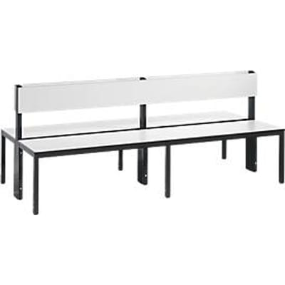 Basic Plus bank, 2-zijdig, rugleuning, zonder schoenenrek, 4-poots frame zwart grijs RAL 7021, B 1960 mm, decor wit
