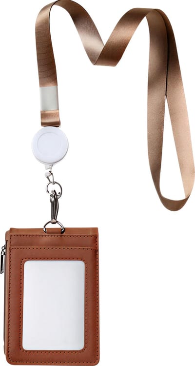 Multifunctionele kaarthoes van kunstleer met lanyard en rits– Koffie – Werk ID-kaarthouder met naamplaatje, karabijnhaak en schaalbaar ontwerp voor personeel en dagelijks gebruik