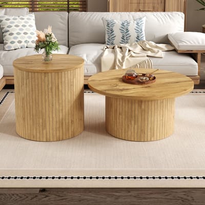 DESMIU Salontafel - Ronde Dubbele Bijzettafel Met Natuurlijke Houtnerf - Voor Woonkamer En Interieur - MDF - Naturel - 75x75x36 Cm
