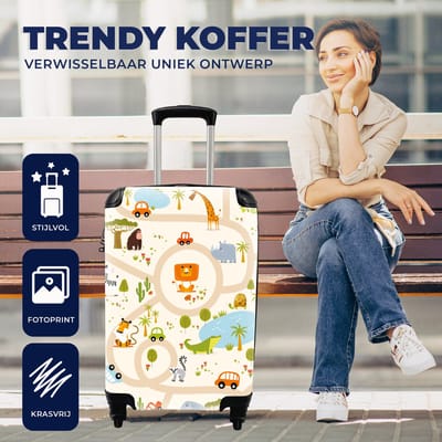 MuchoWow® Koffer - Safari - Auto - Kinderen - Beige - Past binnen 55x40x20 cm en 55x35x25 cm - Handbagage - Trolley - Cabin Size - Print