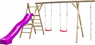 Swingking Houten Schommel Noortje | Schommelset met Glijbaan, Dubbele Schommel en Klimtouw | Schommel voor Buiten in de Tuin | FSC Hout - Glijbaan Violet