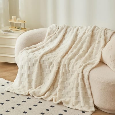 Zachte katoenen fleece dekens - Pluizige warme plaids voor bed en bank (100 x 160 cm, beige)