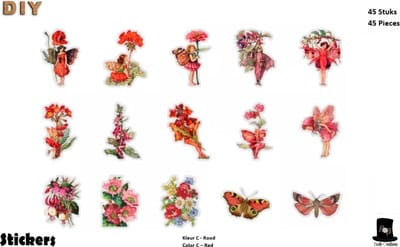 Bob Online ™ - 45 Stuks – Rood - Feeën Stickers PET – Red Fairy Stickers – Feeën Stickers Transparant – Feeën Stickers voor Scrapbooking, Kaarten Maken, Decoupage, Cadeau’s inpakken, DIY Ambachten, Waterflessen, Telefoonhoesjes, Laptops