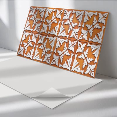 Wallfluent Vinyl Wandpaneel - Plantenpatroon op tegels PVC Muurpaneel - 100 cm x 50 cm - Oranje PVC wandpaneel - 1 stuk - Rechthoekig Wandbekleding Vinyl - Texturen Wandpaneel - Zelfklevende Wandbekleding - Wandpaneel Keuken en Badkamer
