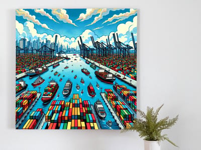 Pop art haven schilderij | Pop Art Pier Paradise: A Vibrant Haven of Artistic Expression | Kunst - 20x20 centimeter op Dibond | Foto op Dibond