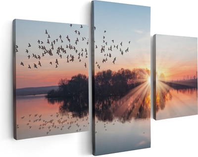 Artaza Canvas Schilderij Drieluik Groep Vogels Boven De Meer Met Zonsondergang - 90x60 - Foto Op Canvas - Canvas Print