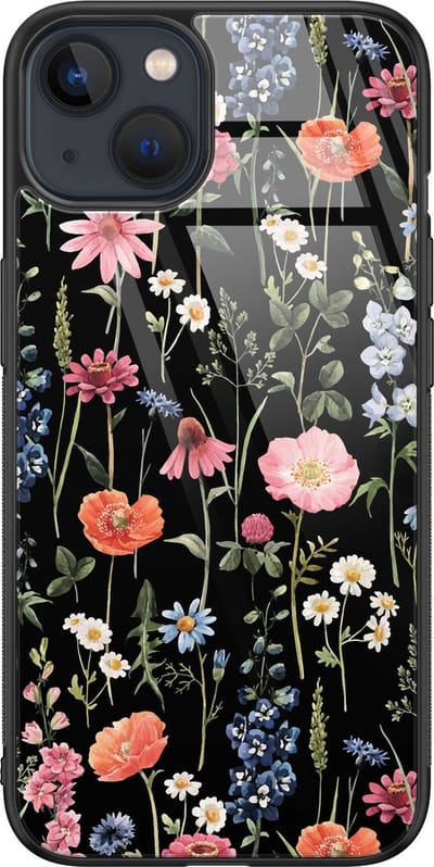 Hoesje geschikt voor iPhone 13 - Dark flowers - Luxe Glazen Hardcase - Bloemen - Multi - Leuke Telefoonhoesjes