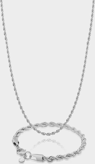 Rope Ketting 3 mm x Rope Armband 5 mm - Zilveren Schakelketting en Schakelarmband Heren - 60/21 cm lang - Olympus Jewelry