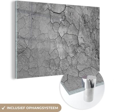 Glasschilderij zwart wit - Steen - Klei - Grijs - Structuren - 150x100 cm - Muurdecoratie - Kamer decoratie