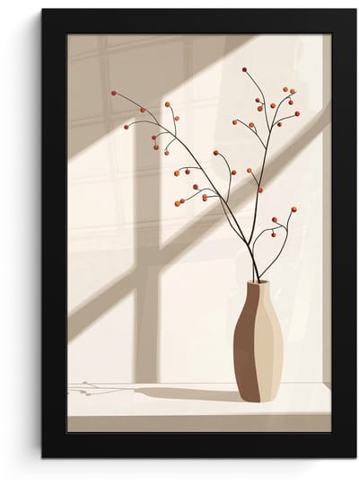 Poster in lijst - Fotolijst 20x30 cm - Posters - Vaas - Takken - Bessen - Minimalistisch - Posterlijst zwart - Decoratie - Wanddecoratie woonkamer - Muurdecoratie slaapkamer